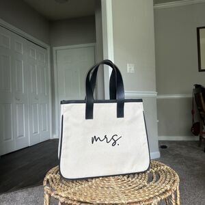 "Mrs." Canvas And Leather Mini Tote Bag Beige & Black Foldable Carry All